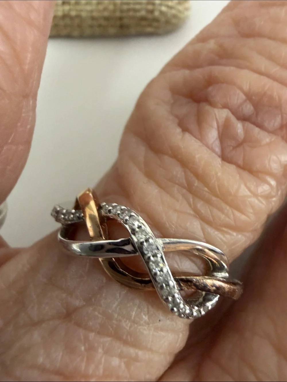 14k Gold and Sterling Silver twisted  Infinity Ring withDiamond  Accents - size